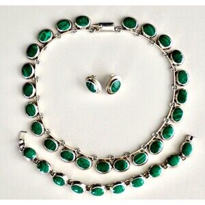 Taxco Signed Sterling Silver Malachite Parure Necklace Bracelet Earring Set MINT